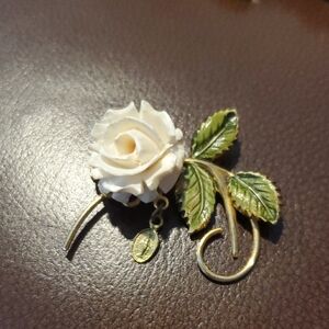 Gold-Tone Brooch with White Rose and Green Enamel Leaves